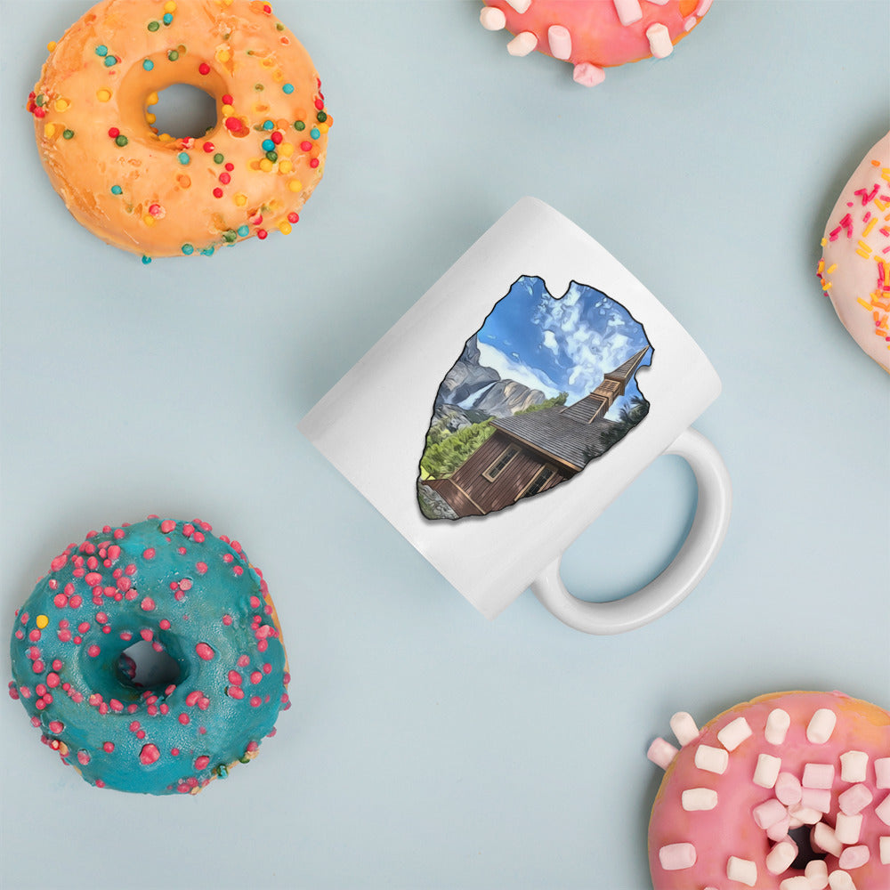 Church and Yosemite Falls Arrowhead White glossy mug