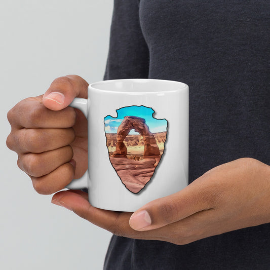 Delicate Arch Arrowhead White glossy mug