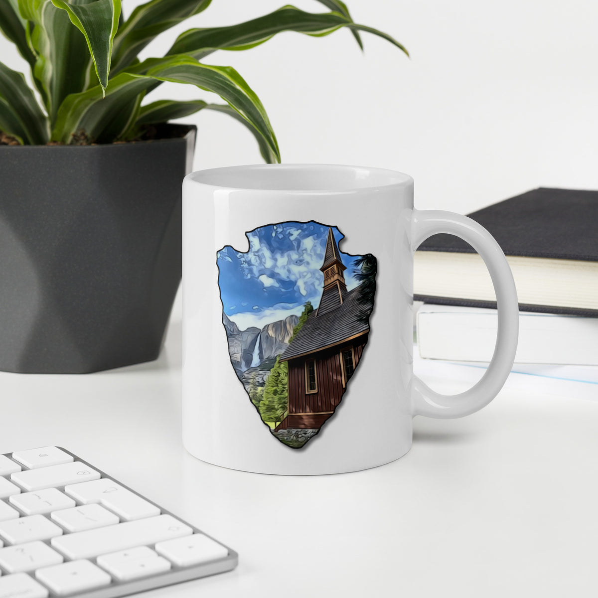 Church and Yosemite Falls Arrowhead White glossy mug