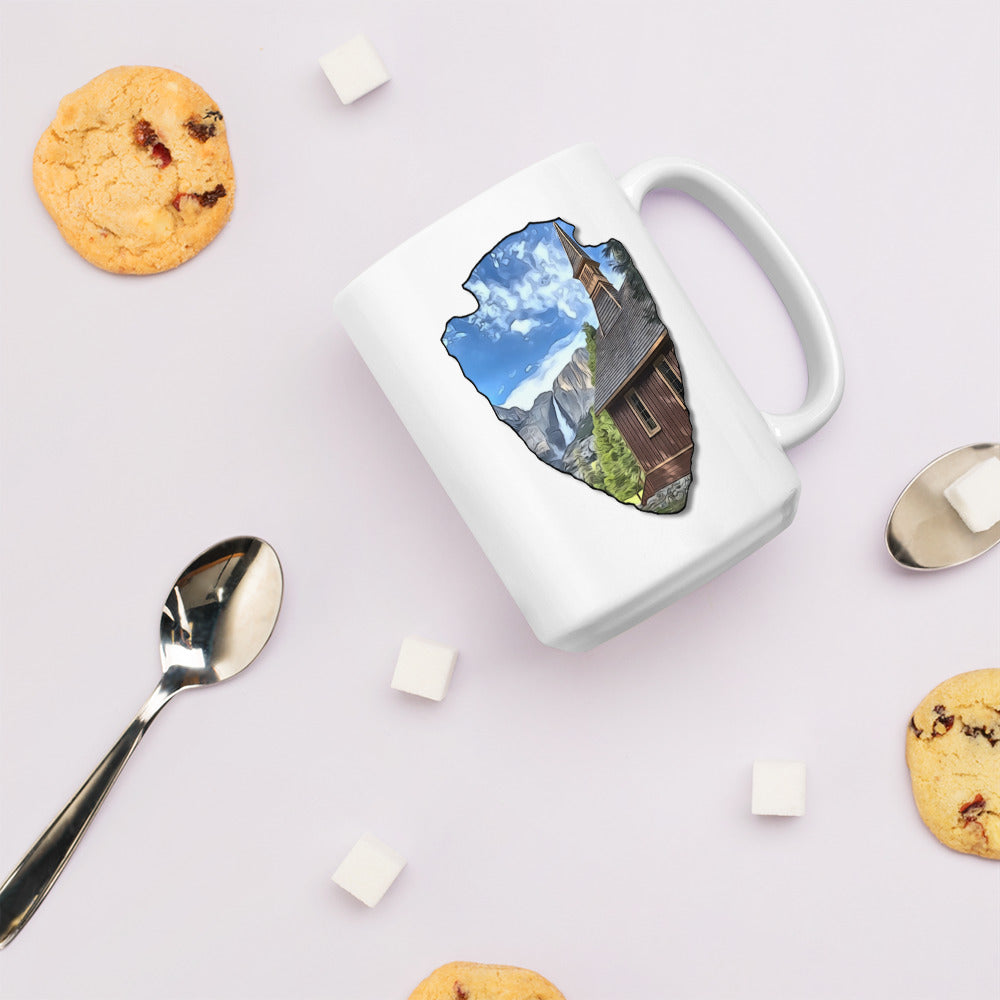Church and Yosemite Falls Arrowhead White glossy mug