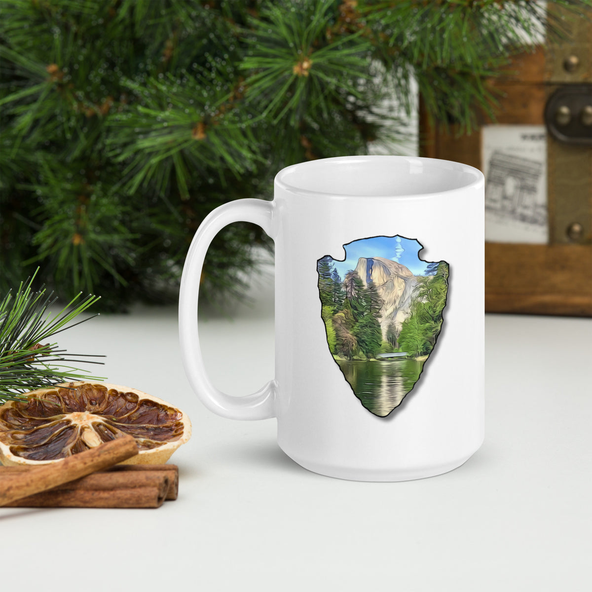 Half Dome with Sentinel Bridge Arrowhead White glossy mug
