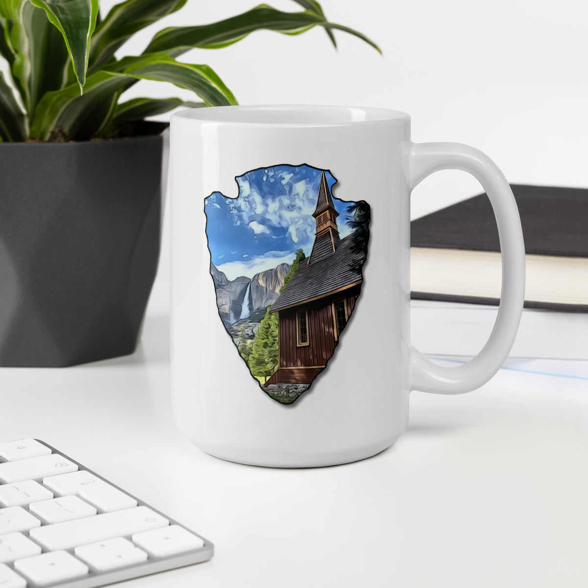 Church and Yosemite Falls Arrowhead White glossy mug