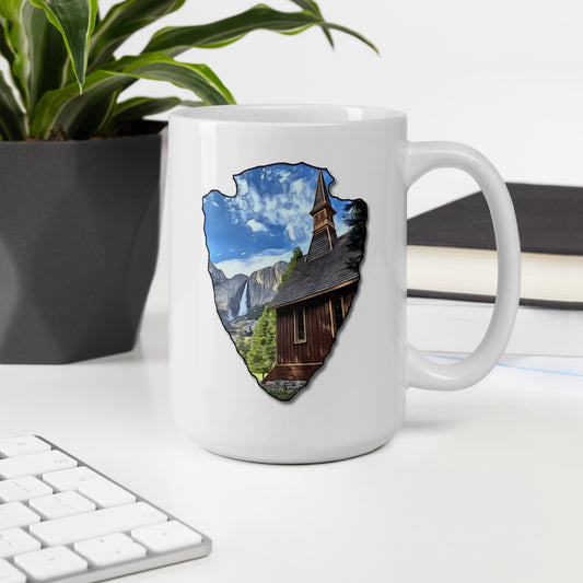 Church and Yosemite Falls Arrowhead White glossy mug